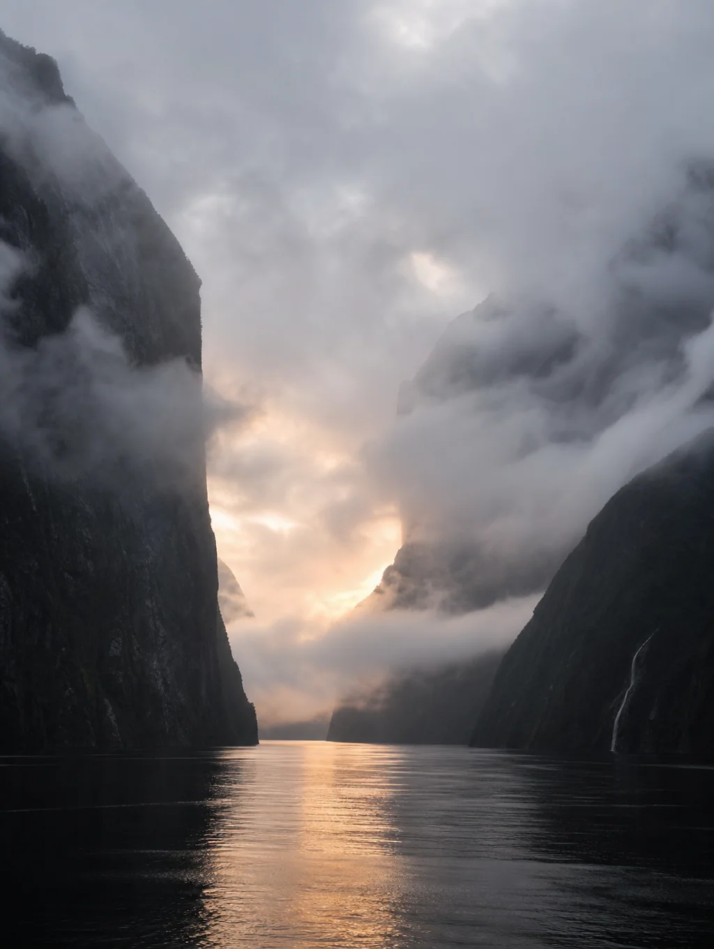 Dramatic granite cliffs rising from Milford Sound